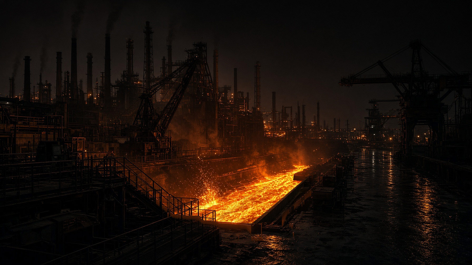 Night at a working mill — molten metal lighting the floor, cranes against a black sky.